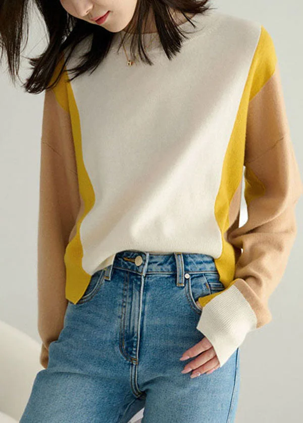 Fashion Colorblock O-Neck Patchwork Side Open Cashmere Sweater