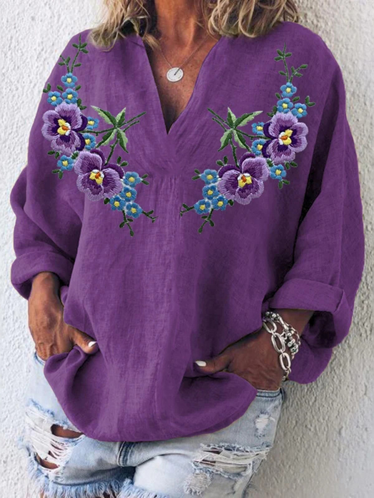 Comstylish Women's Purple Flower Art Print V Neck Casual Shirt