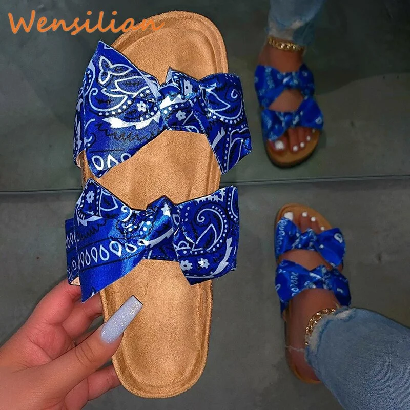 Women Sandals 2021 Summer Sandals For Women Double Bow Satin Cork Slippers Brand Beach Flat Shoes Sandles Sandalias Mujer