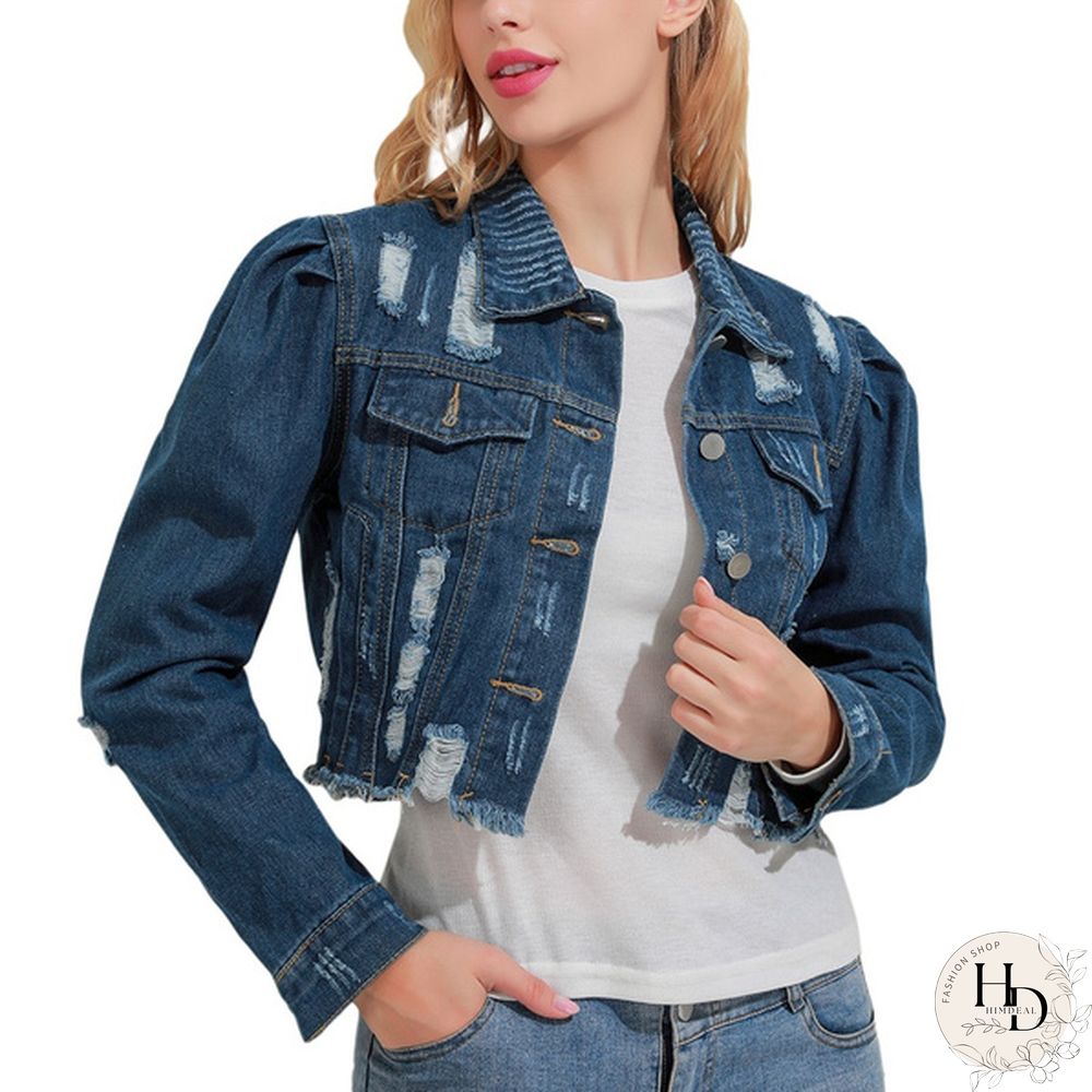 Women's Fashion Short Denim Jacket Puff Sleeve Denim Jacket