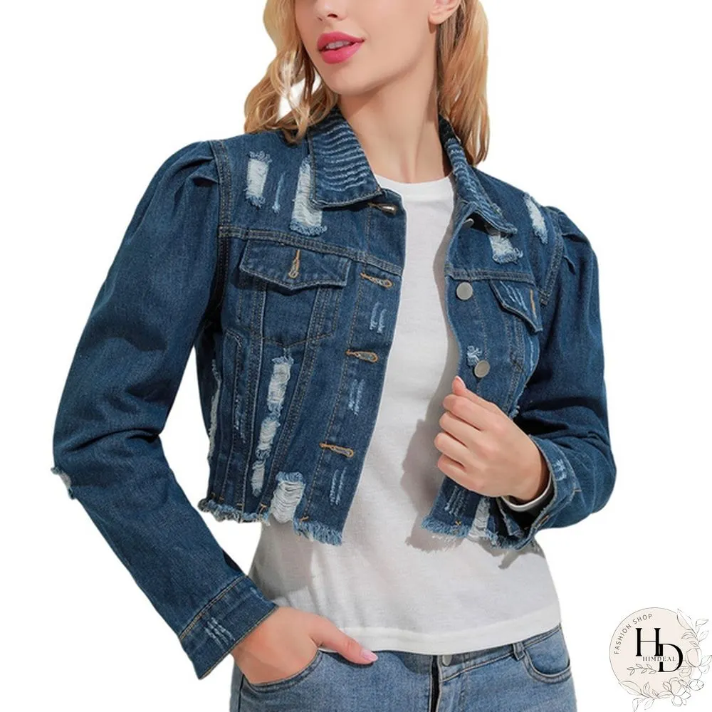 Women's Fashion Short Denim Jacket Puff Sleeve Denim Jacket