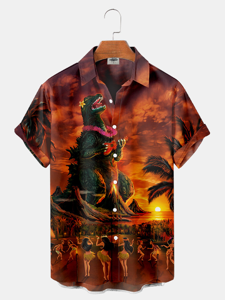 Men's Classic Monster Hawaii Godzilla Print Shirt PLUSCLOTHESMAN