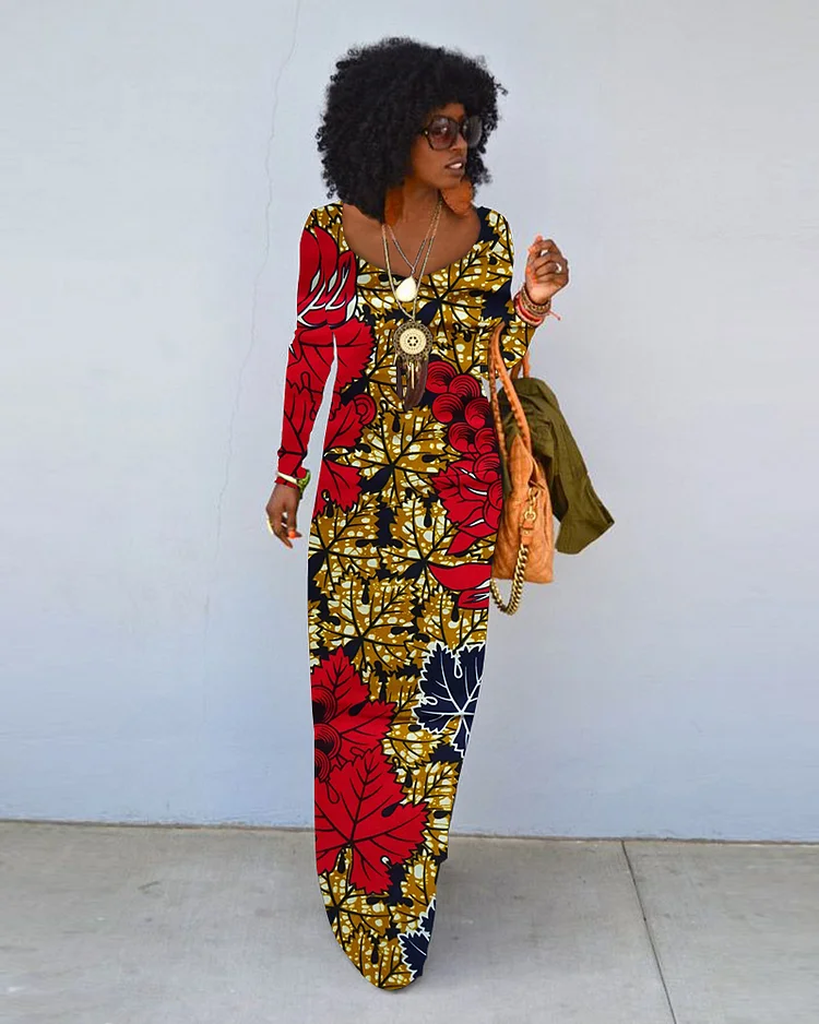 Retro Botanical Print Crew Neck Long Sleeve Dress