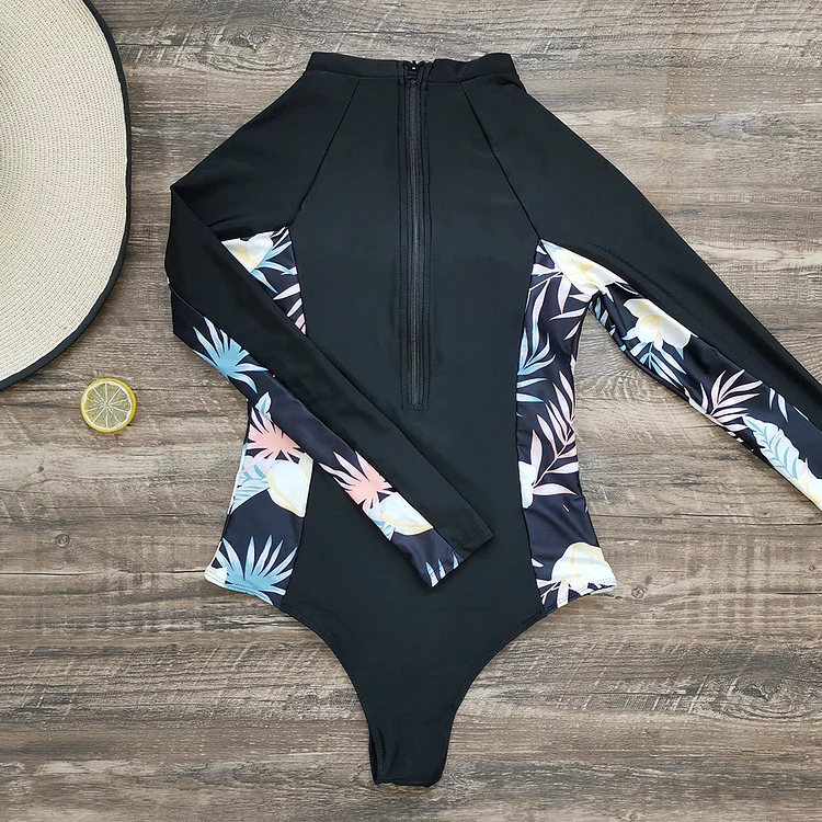 Flaxmaker Long-sleeved Splicing Printed Sexy One Piece Swimsuit