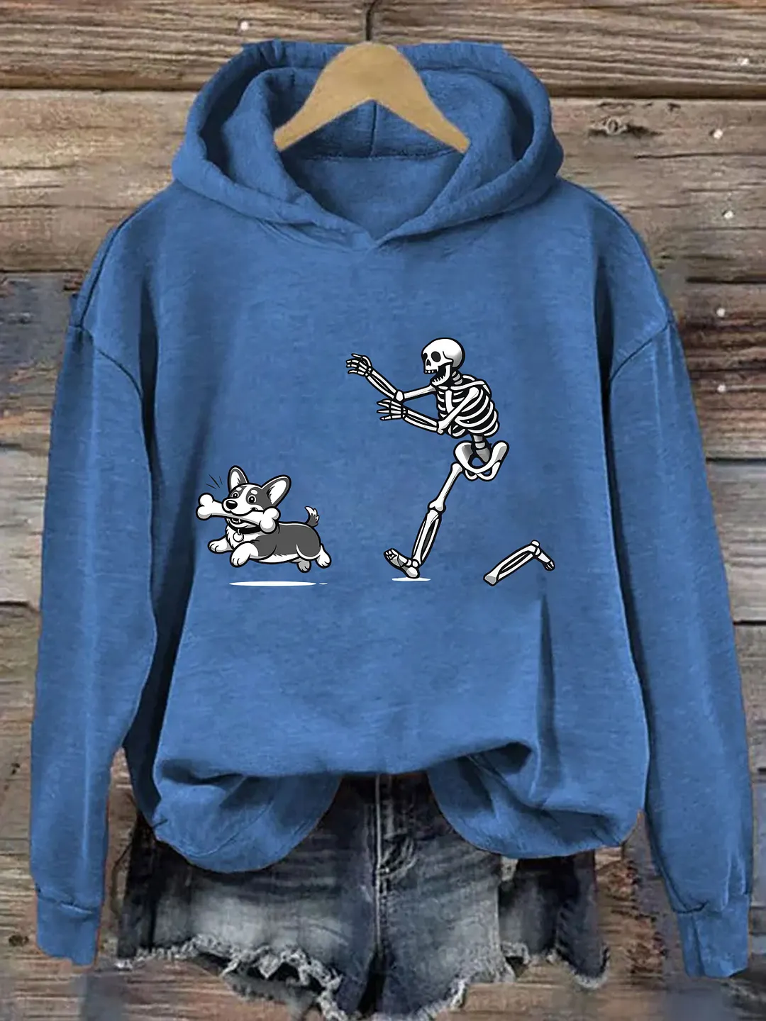 Funny Skeleton Chasing Corgi Hoodie