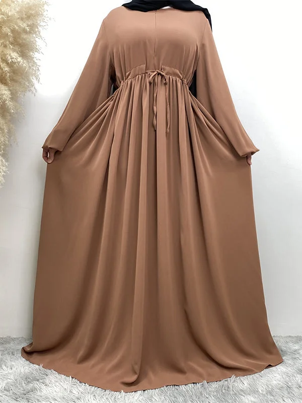 Drawstring Elasticity Muslim Pleated Solid Color Zipper Long Sleeves Loose Round-Neck Maxi Dresses