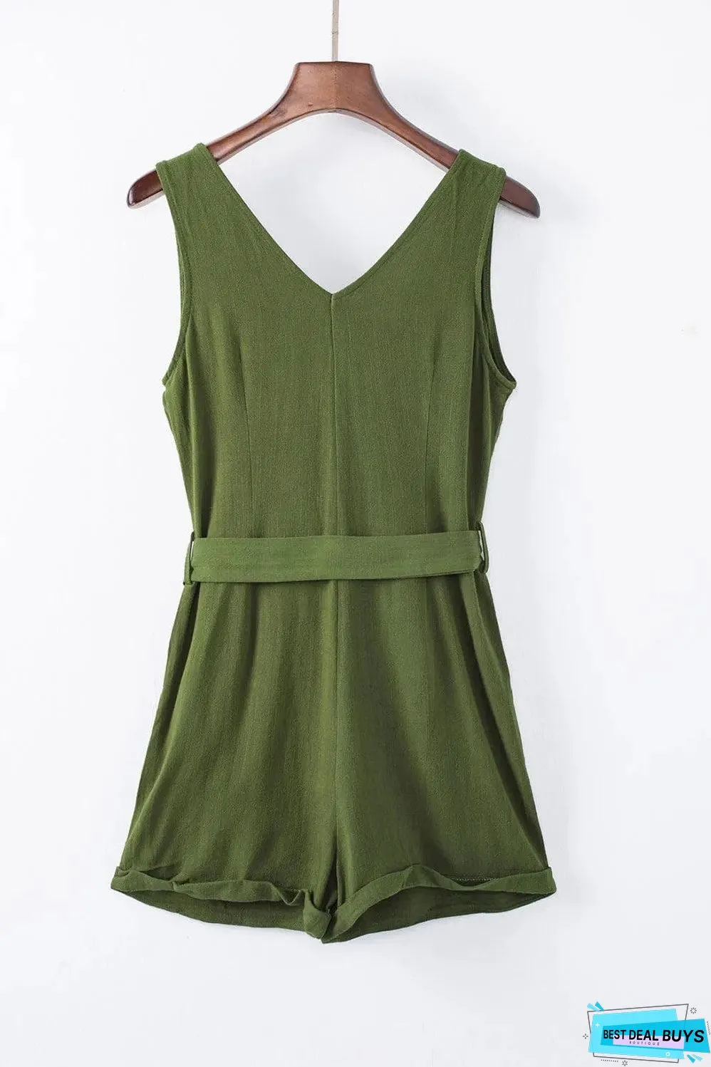 Green Button V Neck Romper with Belt