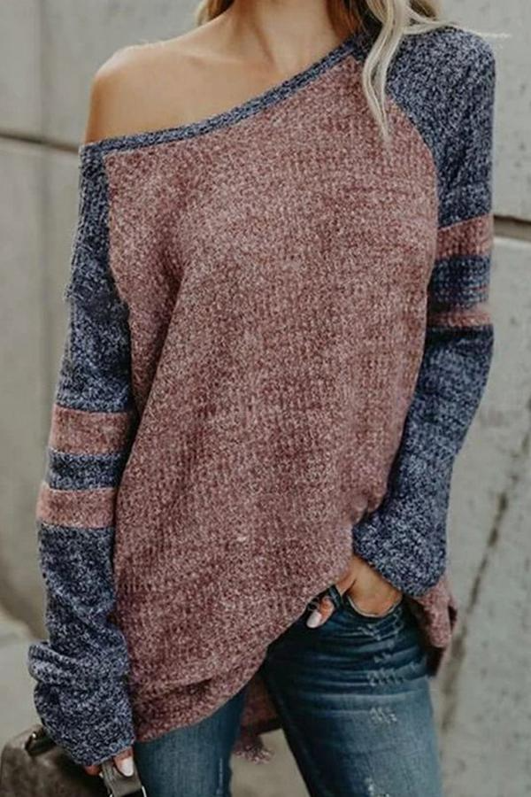 Color Block Oblique Shoulder Sweater