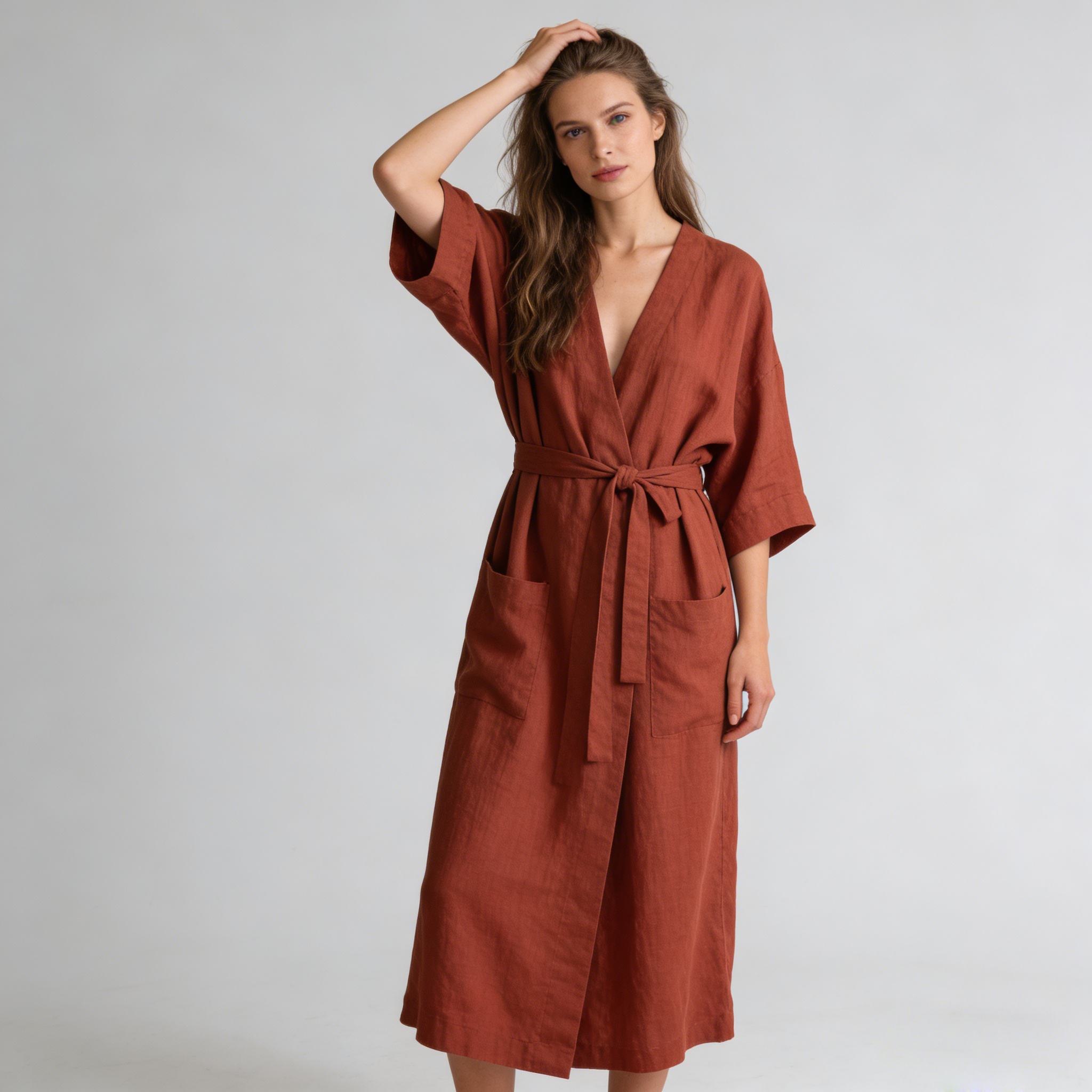 Linen Robe Women 100% Linen Wrap Front Midi Loungewear REAL SILK LIFE