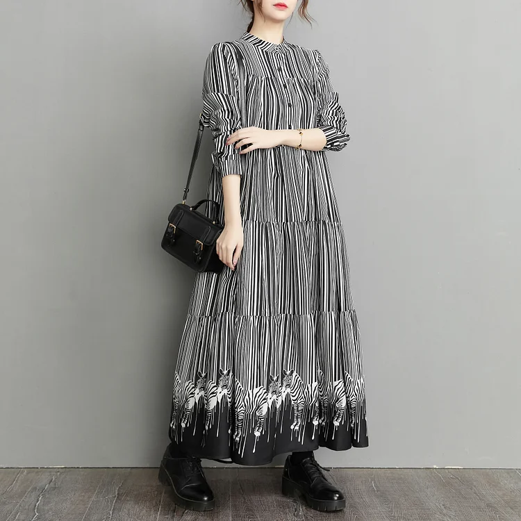 Vintage Striped Long Sleeve Maxi Dress