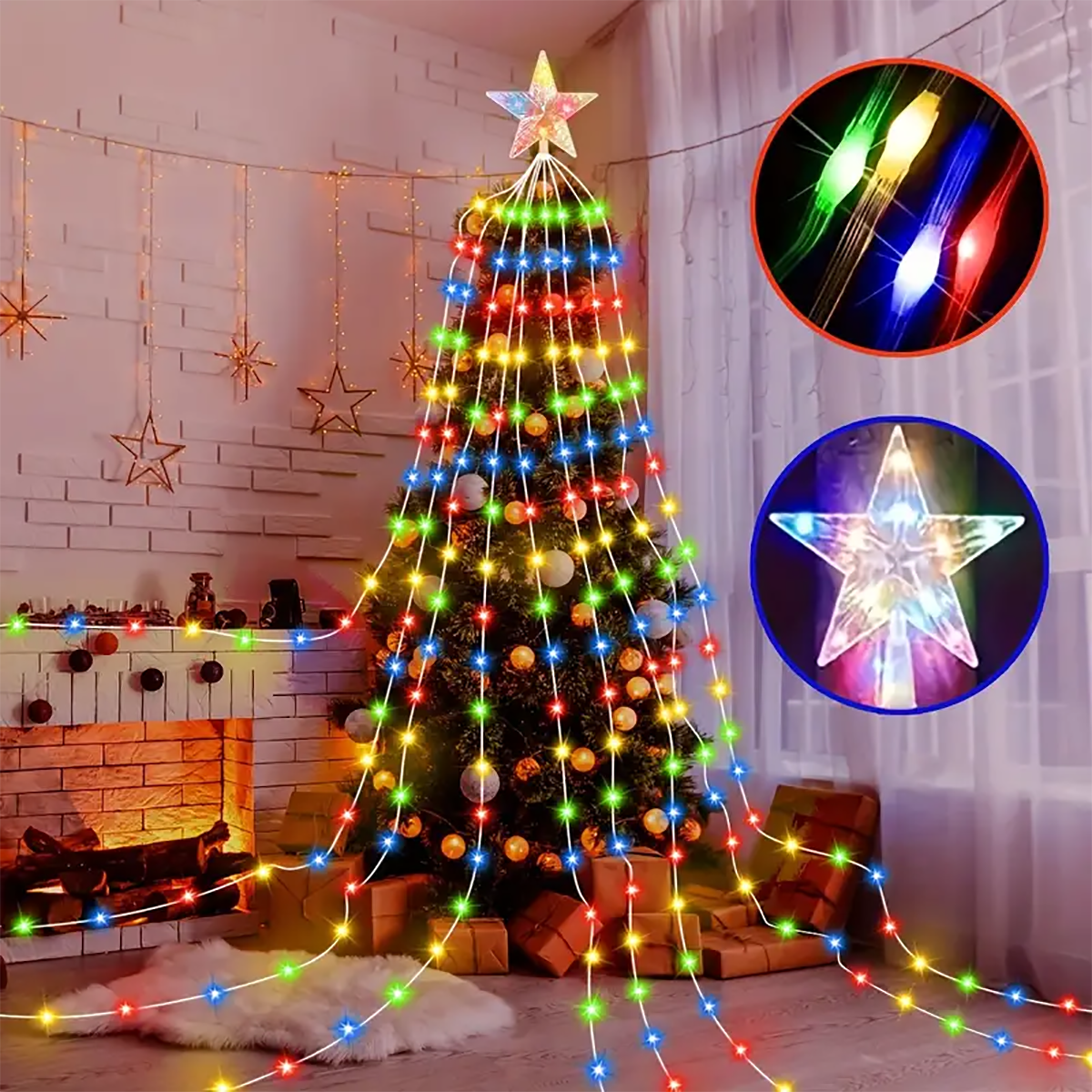 Tegooe Solar Christmas Tree Waterfall Star String Lights - 8 Modes Outdoor Decoration