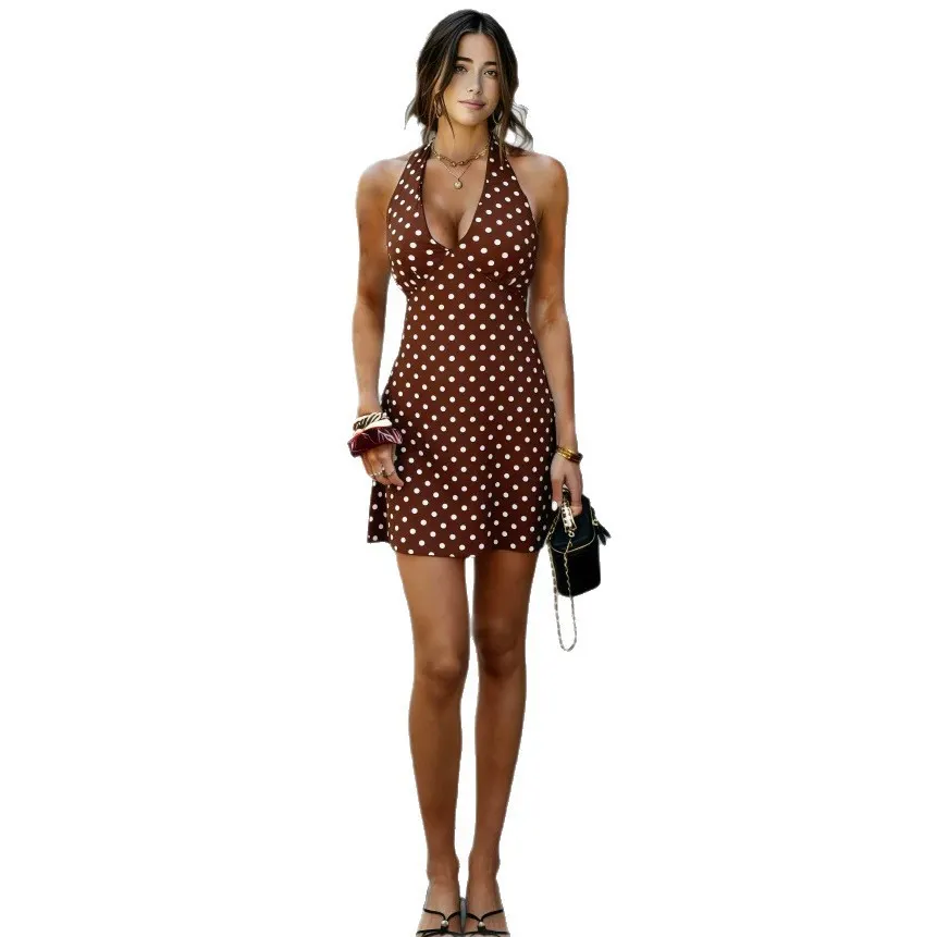 Women&rsquo;s Black Polka Dot Halter Neck A-Line Mini Dress