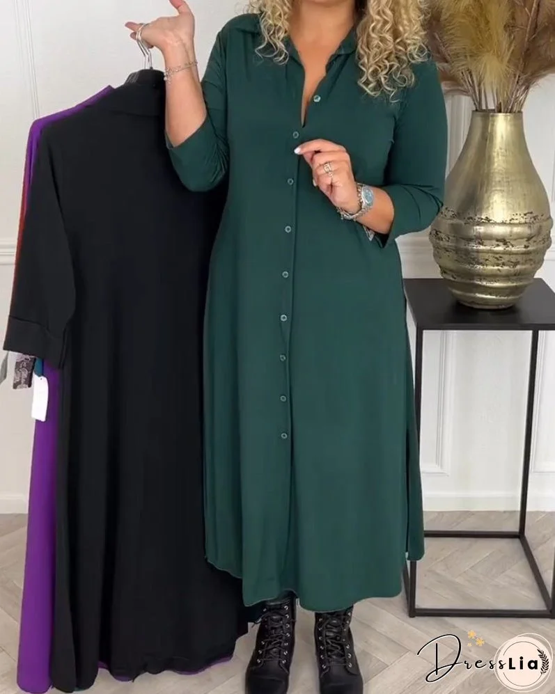 Buttoned solid color shirt dress
