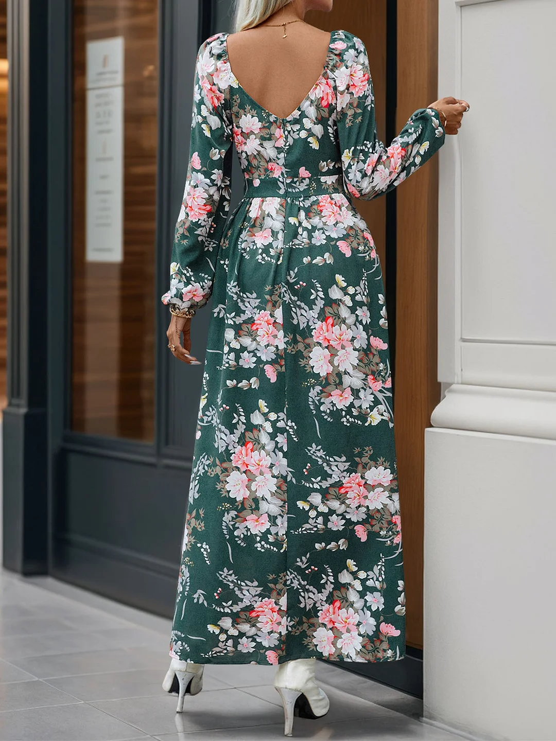 Women's Long Sleeve V-neck Floral Printed Slit Midi Dress