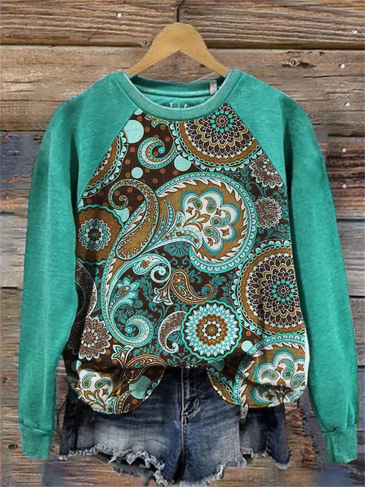  Western Ethnic Paisley Pattern Contrast Raglan Sweatshirt Westsshops