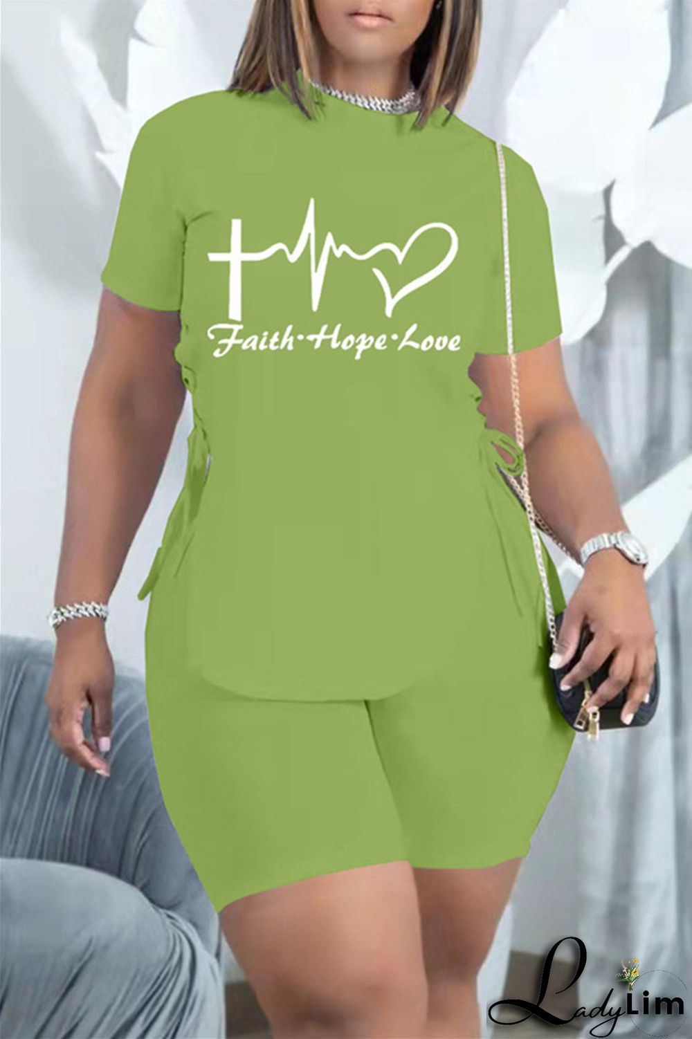 Khaki Fashion Casual Print Bandage Slit O Neck Short Sleeve Two Pieces