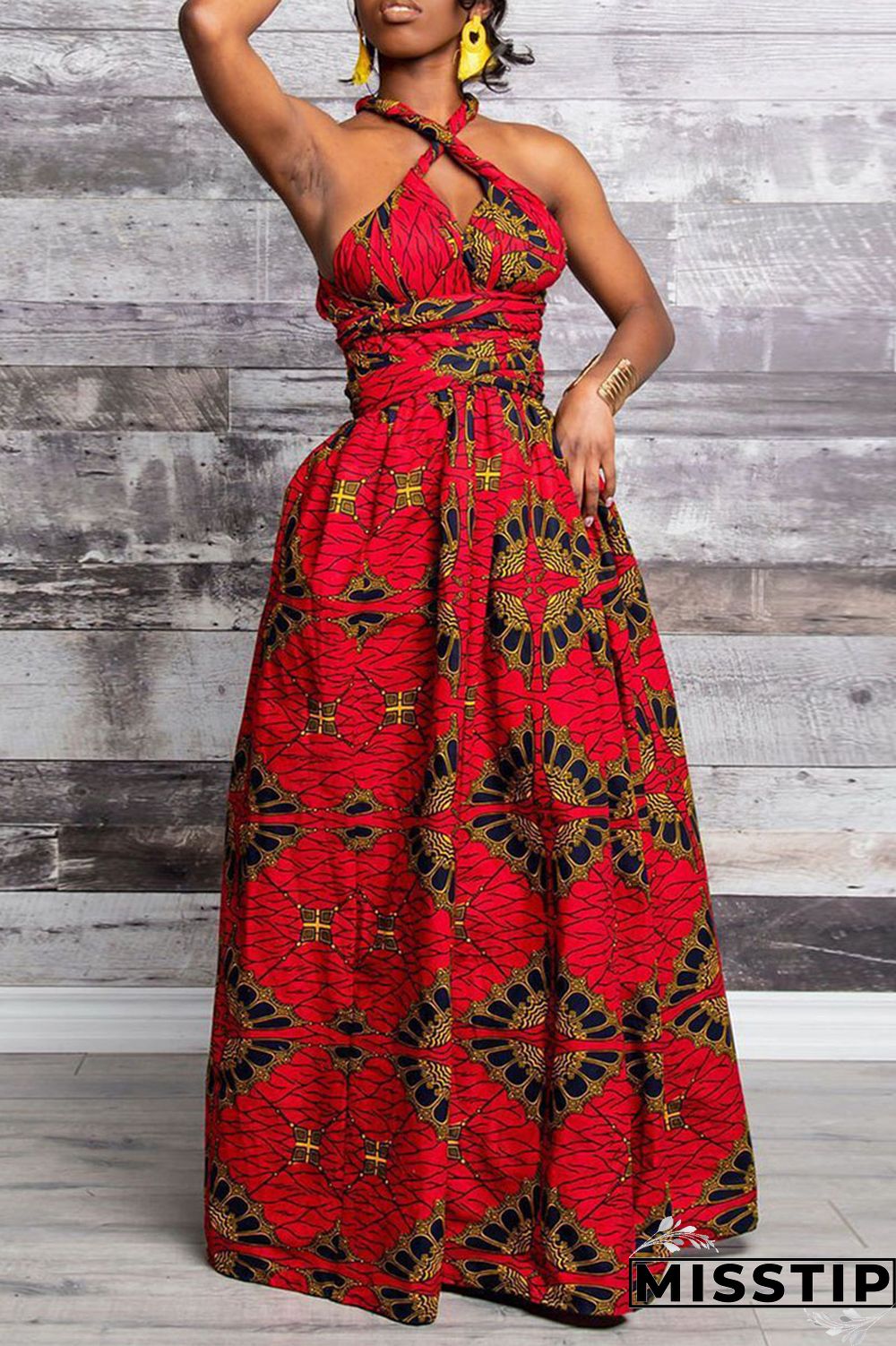 Red Vintage Elegant Print Patchwork Asymmetrical Collar A Line Dresses