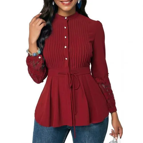Office Lady Plus Size Stand Collar Lace Stitching Cuff Waist Drawstring Shirt Solid color shirt decorated lace stitching cuff