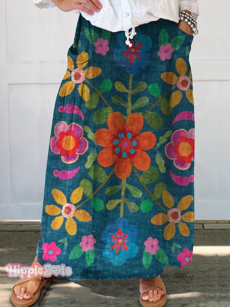 Women’s Colorful Retro Floral Art Linen Pocket Skirt Multicolor / S