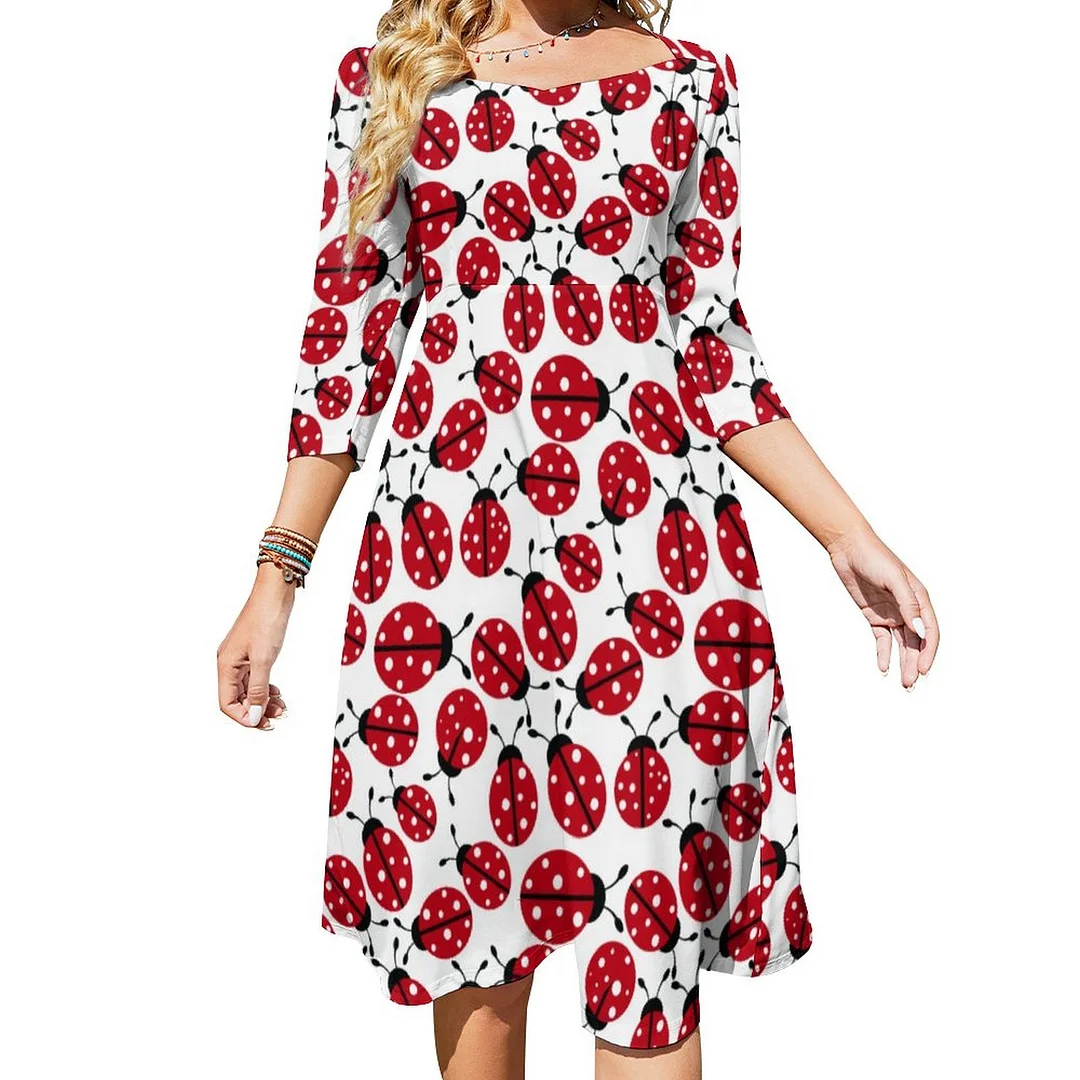 Cute Red Ladybugs Pattern Dress Sweetheart Tie Back Flared 3/4 Sleeve Midi Dresses