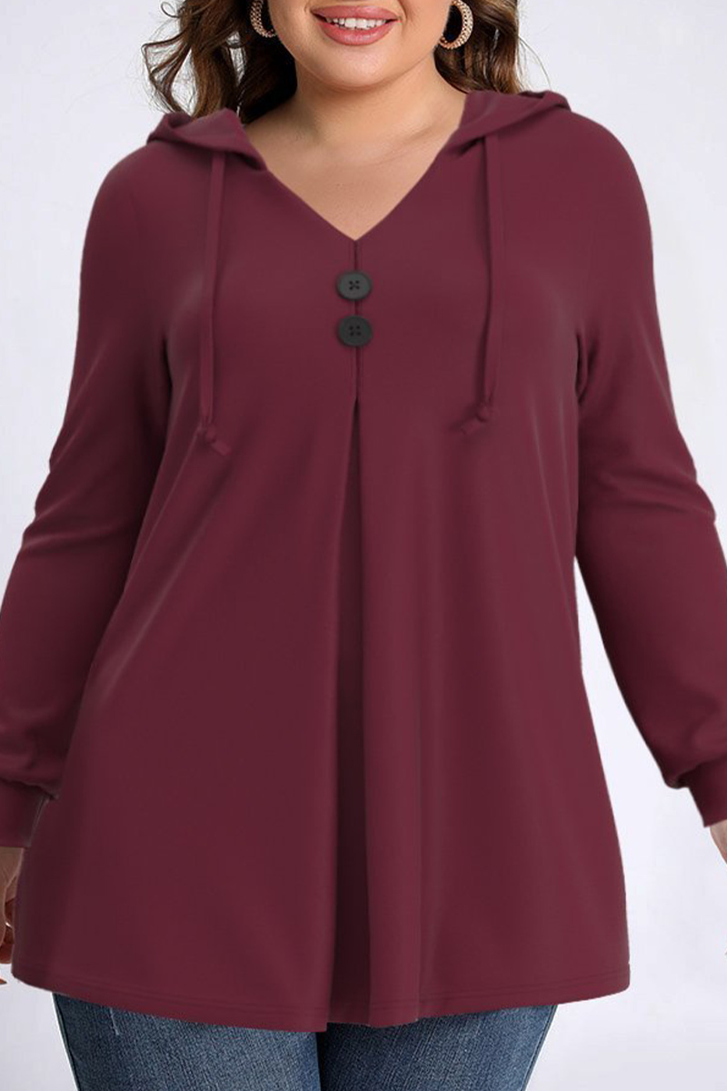 Flycurvy Plus Size Casual Burgundy Pleated Button Threaded Sleeve Hoodie 2024 - Flycurvy 