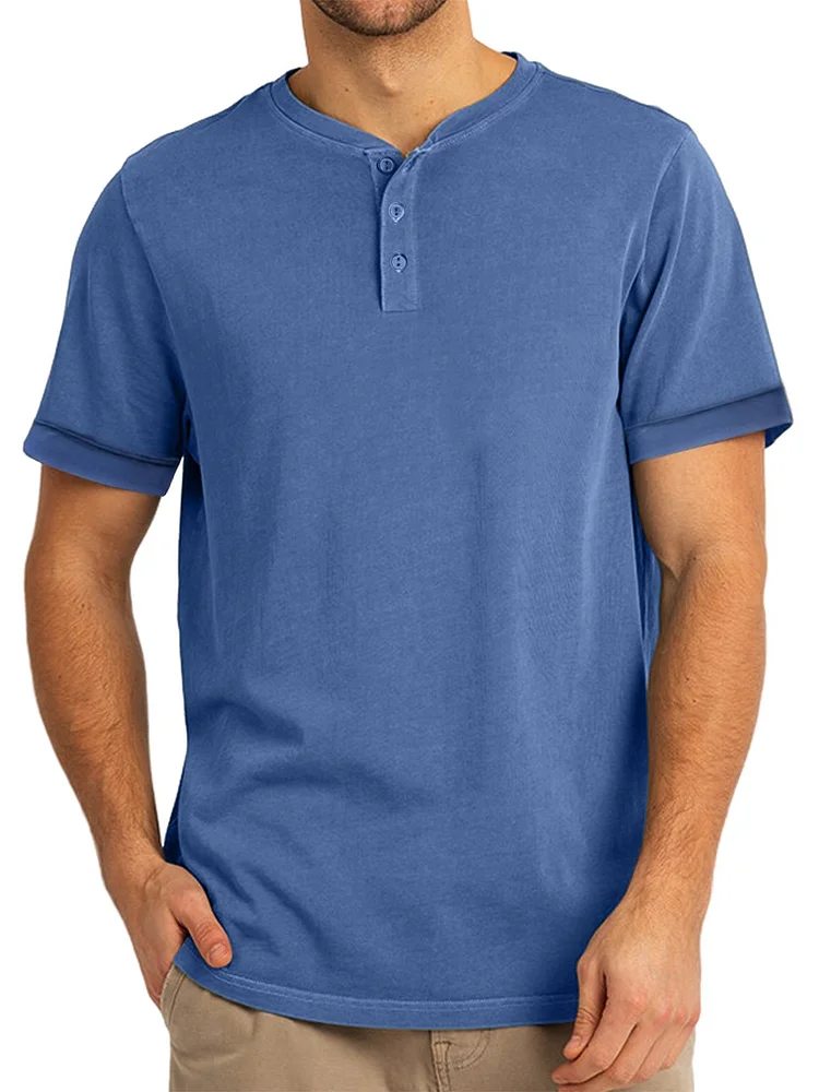 Men's Summer Large Size Round Neck Solid Color Henley Short Sleeve T-Shirt