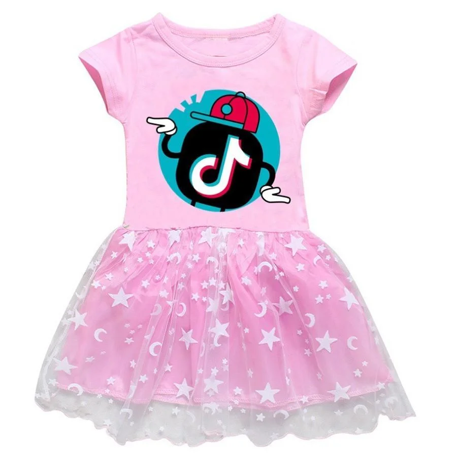Rock Tik Tok Print Girls Short Sleeve Cotton Top Moon Star Tulle Dress