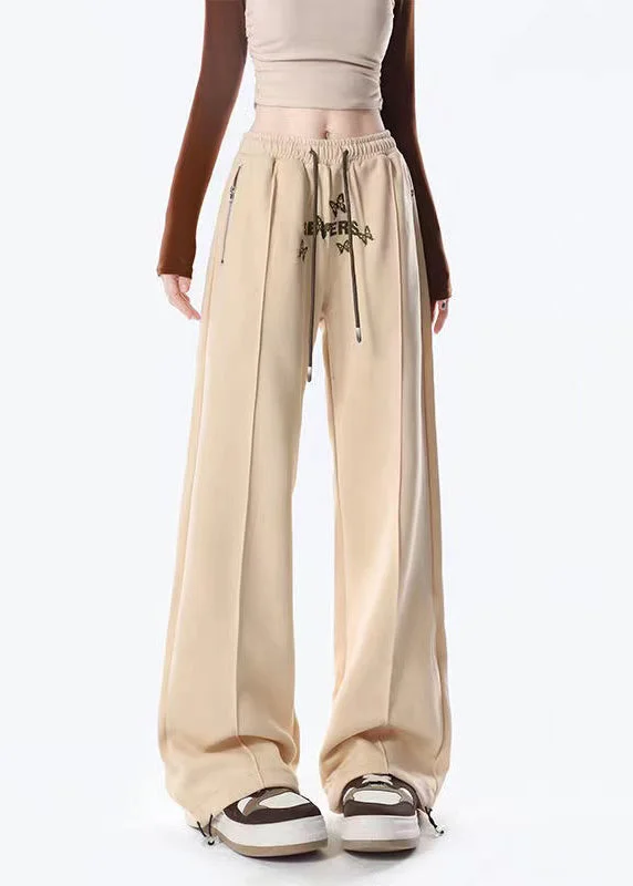 Casual Apricot Butterfly Embroideried Warm Fleece Wide Leg Pants Spring