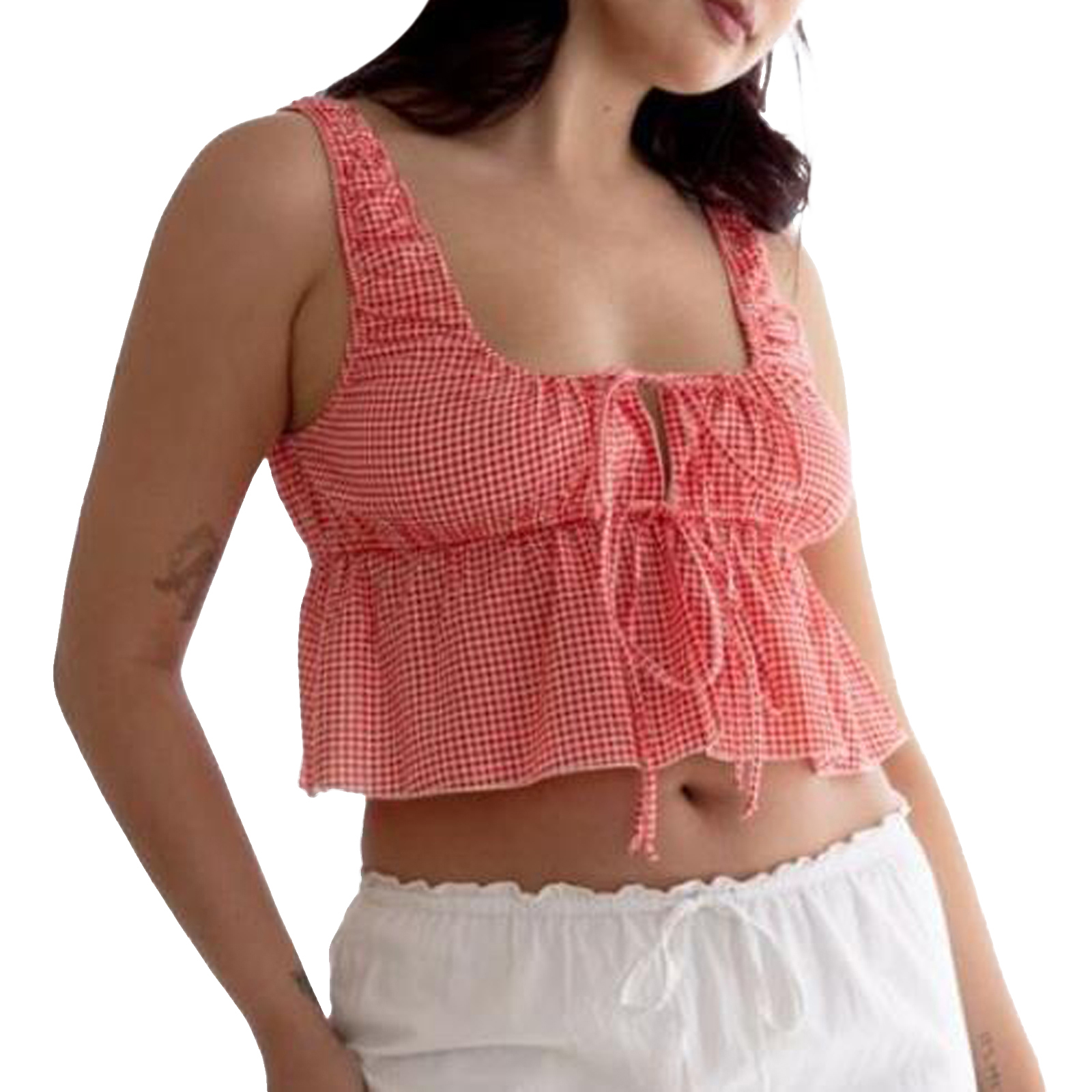 Tazines Women Y2K Plaid Tank Tops Sleeveless Spaghetti Strap Tie Front Gingham Peplum Shirts Ruffle Hem Top Streetwear