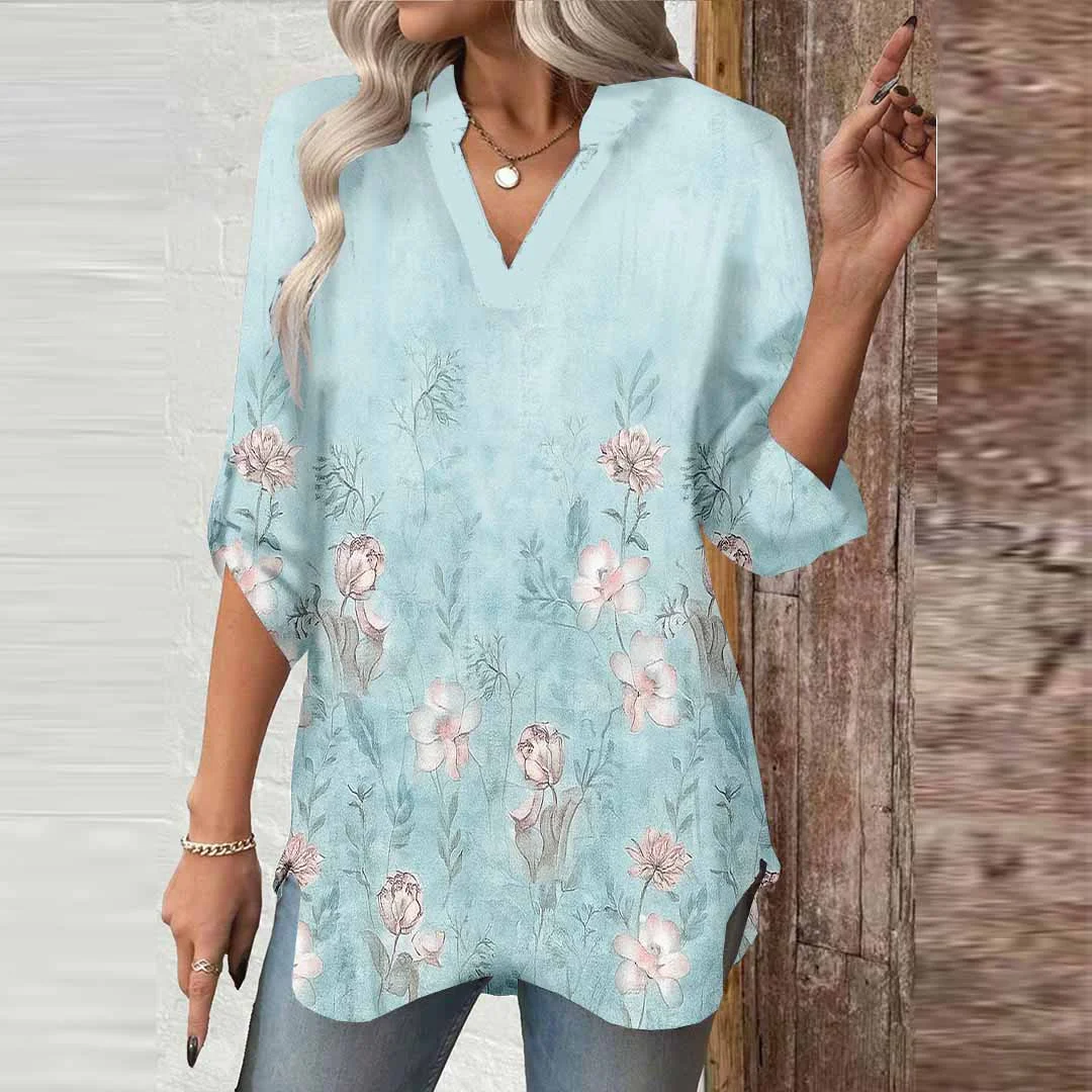 Women Floral,Blue,Pink DZGA0575 3/4 Sleeve V-neck Printed Graphic Button Tops