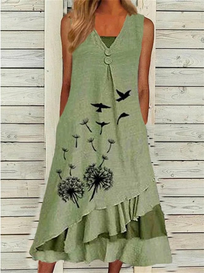 Women's Green V-Neck Short Sleeve Printed Maxi Dress