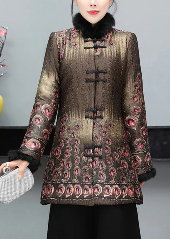 Coffee Print Fine Cotton Filled Coat Fur Collar Button Long Sleeve