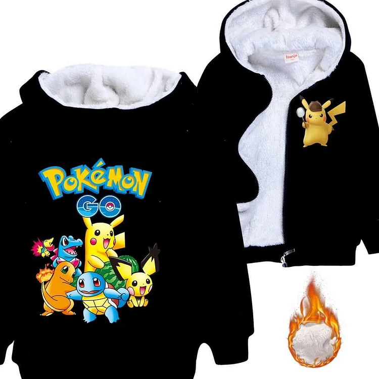 Girls Boys Pokemon Go Pikachu Print Zip Up Fleece Lined Cotton Hoodie-Mayoulove