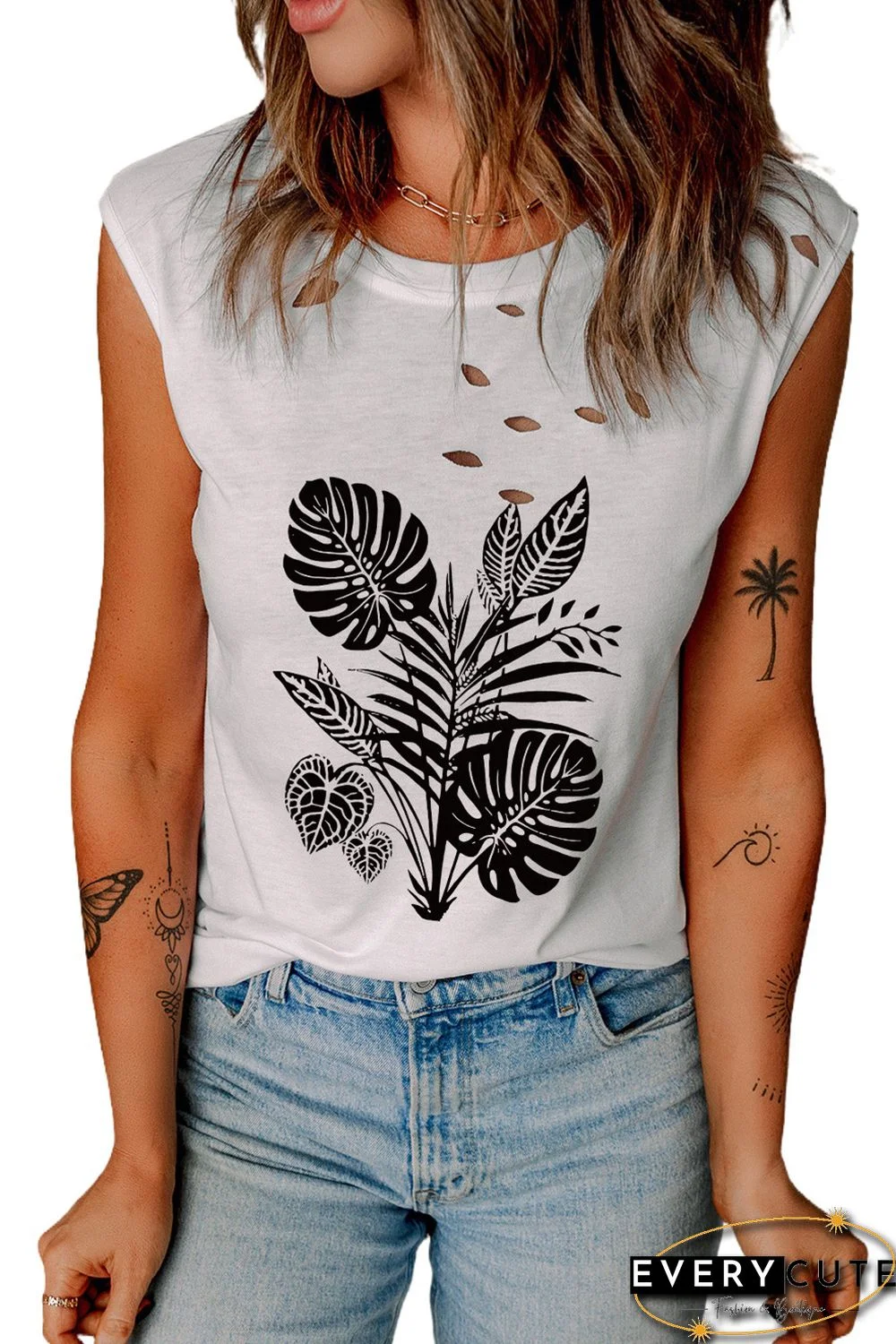 White Tropical Palm Leaves Print Ripped Crew Neck Tank Top