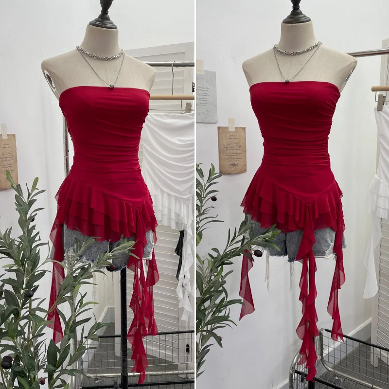 Nigikala Nigikala Shooting Hottie Sexy Shoulder Irregular Lotus Side Ribbon Bram Repair Print Sleeveless Top 1228