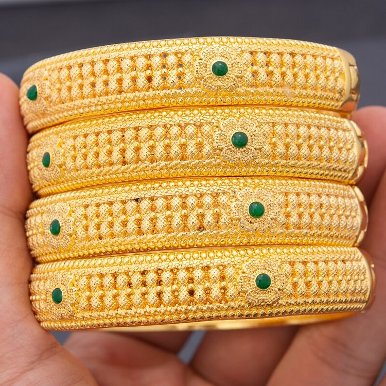 4pcs/set Ethiopia Gold Color Bangles For Women Girls Jewelry Green  Bracelet