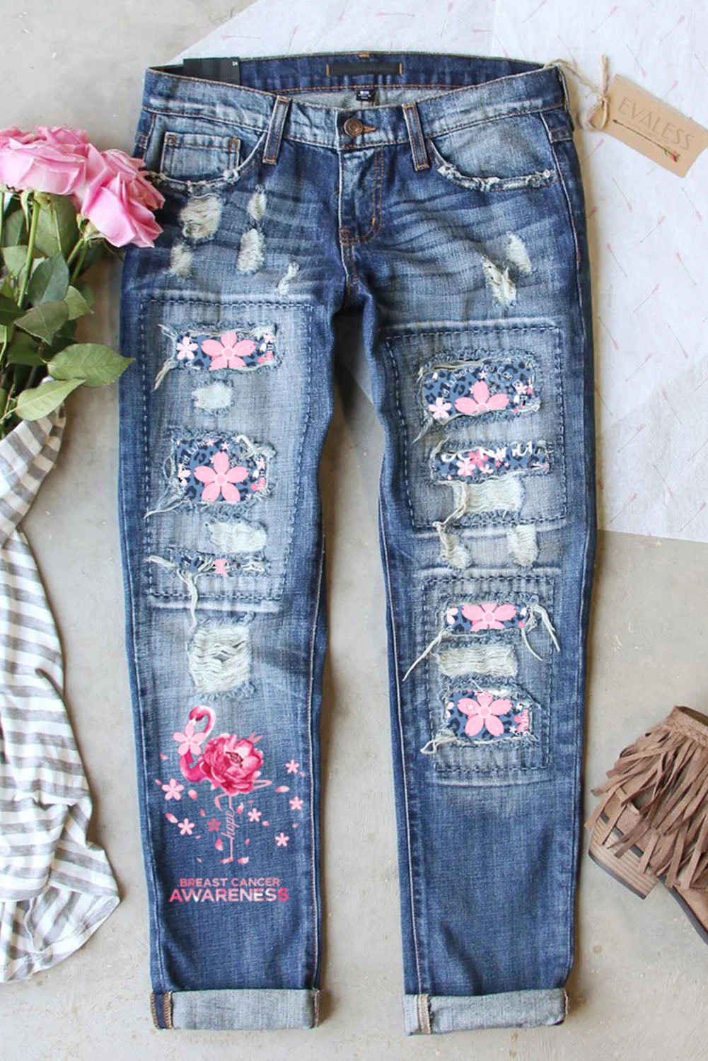 Breast Cancer Awareness Flamingo Cherry Blossom Ripped Jeans