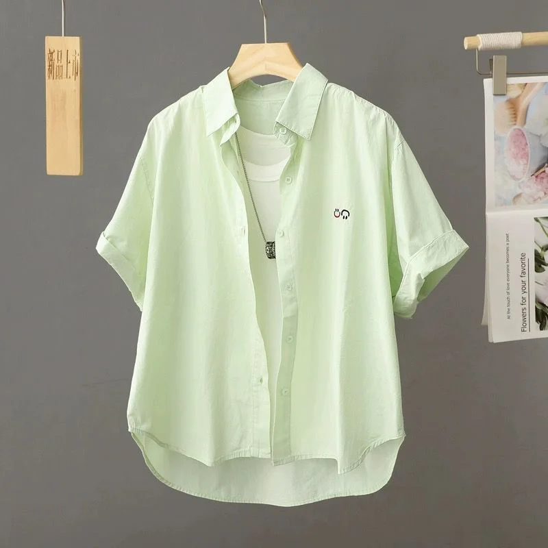 Athvotar Athvotar Korean Version Of Casual Smiley Face Embroidered Short-Sleeved Shirt Women 2025 Spring And Summer New Small Plaid Short Top