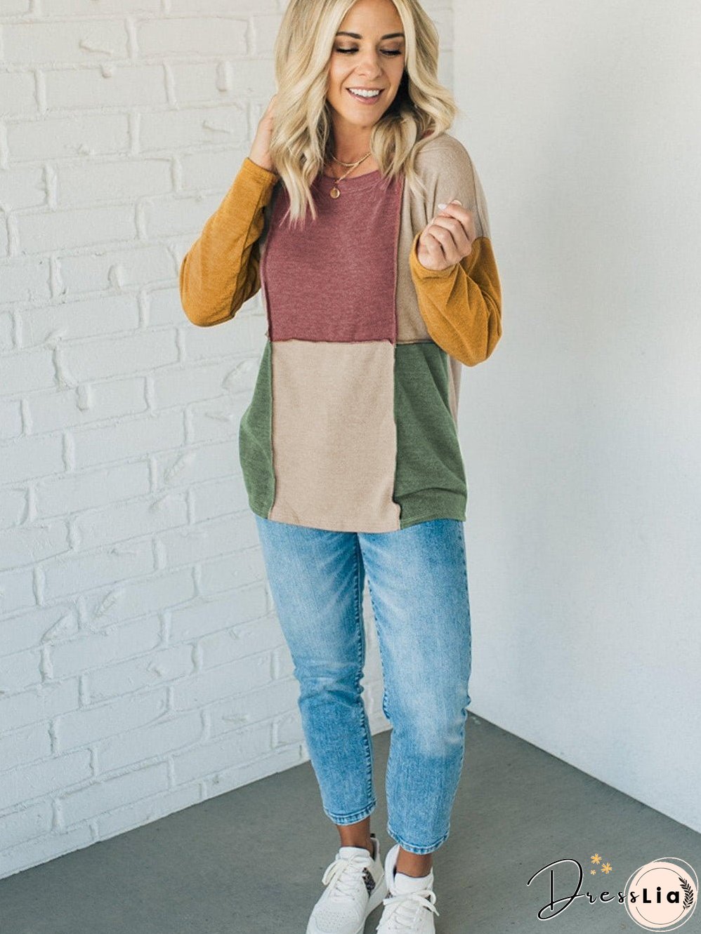 Light Beige French Seam Detail Colorblock Knit Top with Long Sleeves