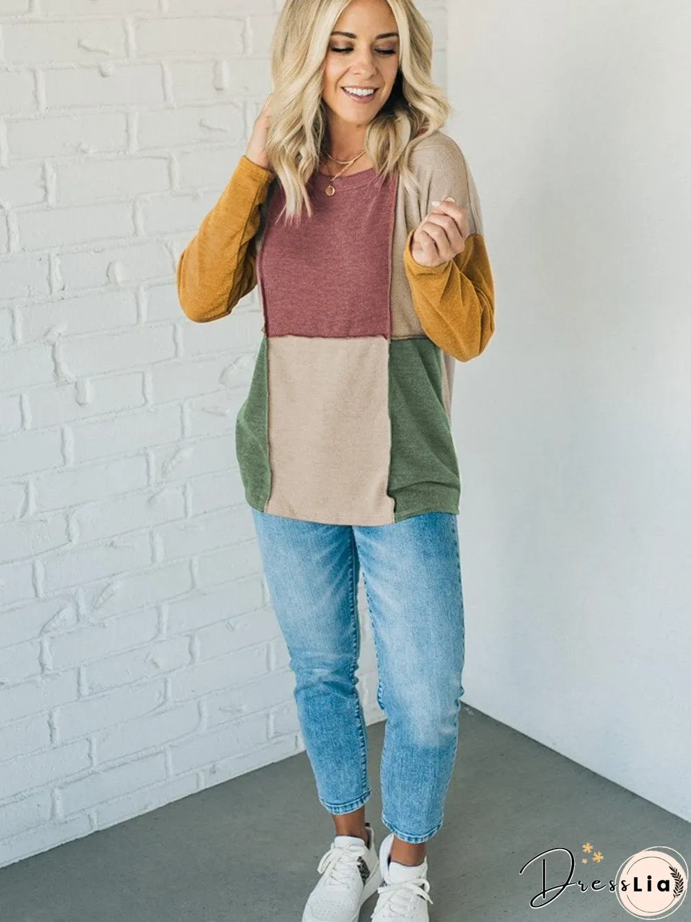 Light Beige French Seam Detail Colorblock Knit Top with Long Sleeves