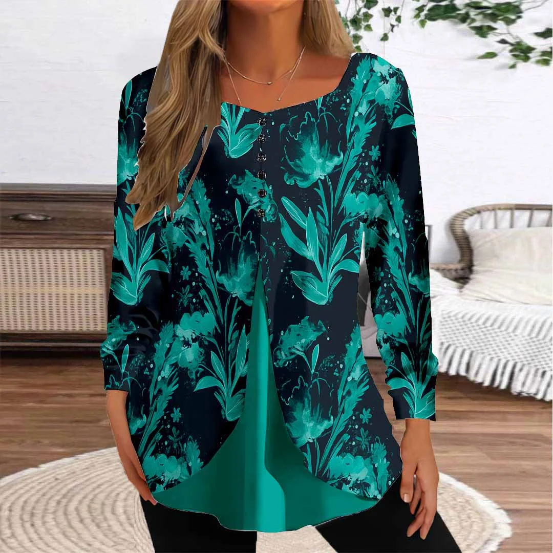 Women Floral,Green DZGG8311 Long Sleeve Scoop Neck Printed Graphic Button Fake 2in1 Tops