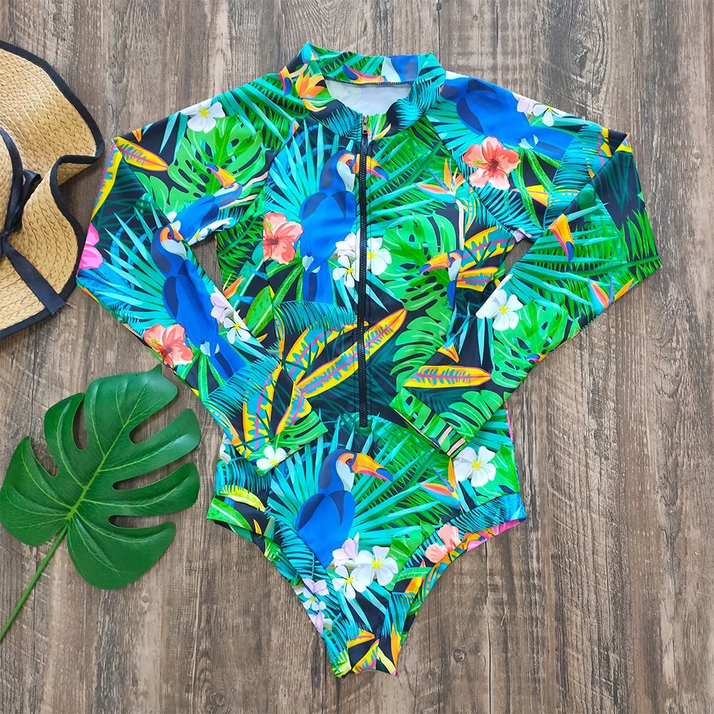 Swimwear Women Print Floral 2020 New One Piece Swimsuit Long Sleeve Bathing Suit Retro Ruffle Strappy Vintage Beachwear Surfing