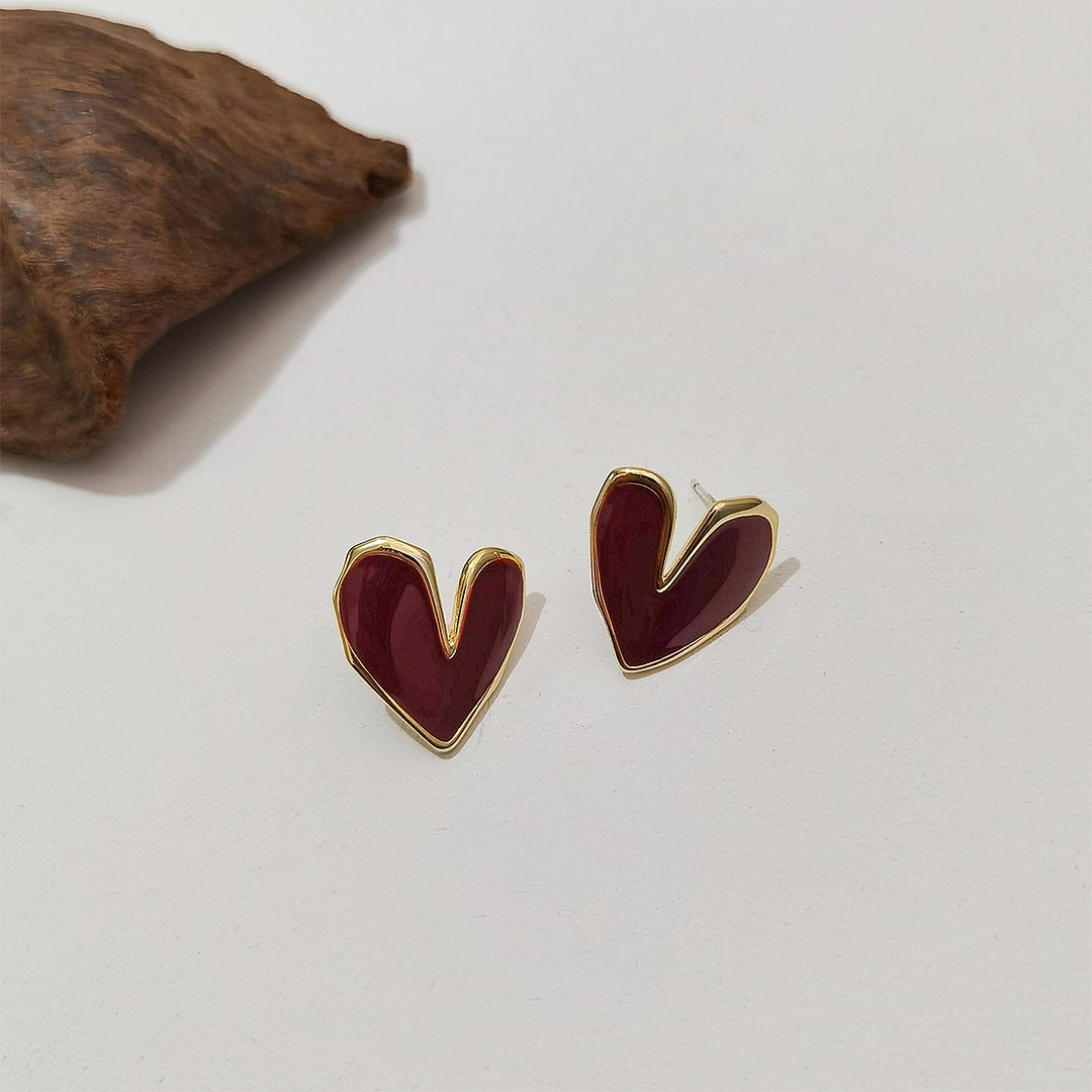 Retro French Style Color Oil Heart-shaped Earrings