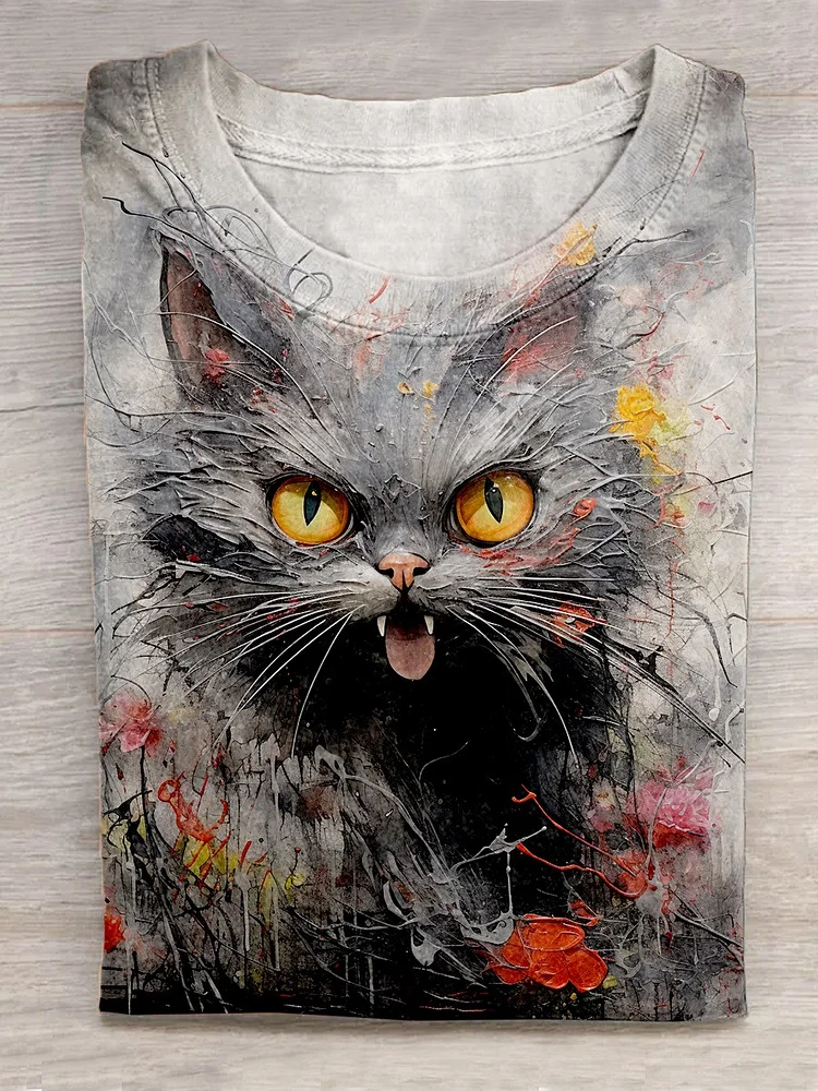 Funny Retro Textured Cat Art Print Casual T-Shirt