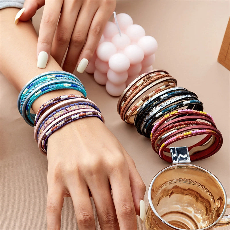Hot New Bohemian Multi-layer Winding Bracelet Magnetic Buckle Trendy Artistic Men’s And Women’s Leather Bracelet
