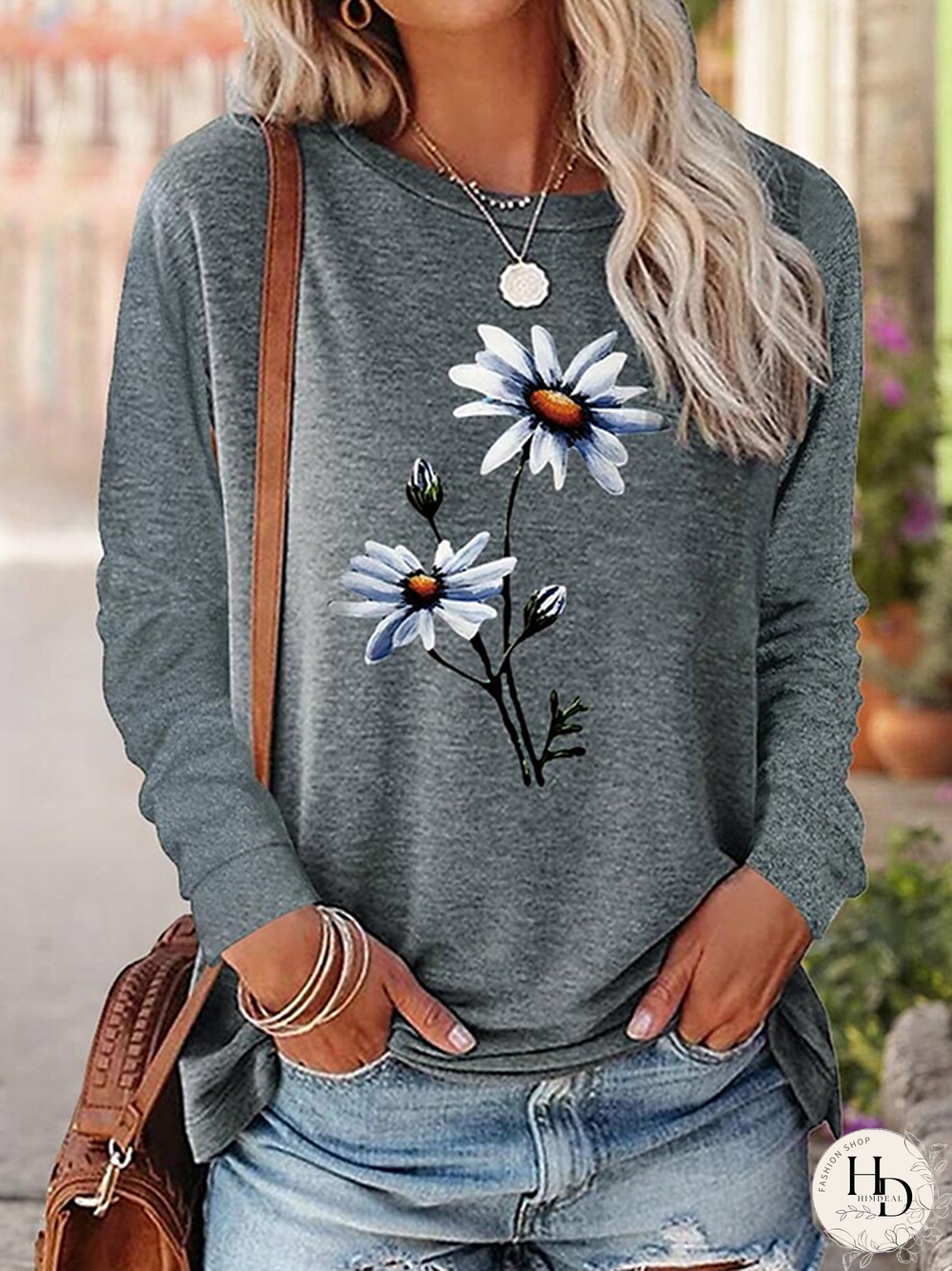 Crew Neck Long sleeve Floral Casual T-Shirt