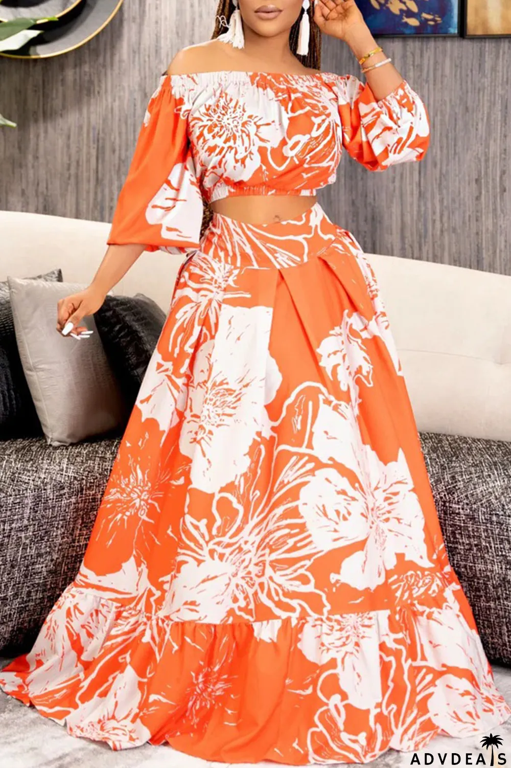Tangerine Casual Print Patchwork Off the Shoulder Half Sleeve Two Pieces