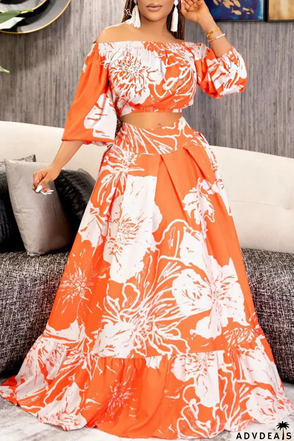 Tangerine Casual Print Patchwork Off the Shoulder Half Sleeve Two Pieces