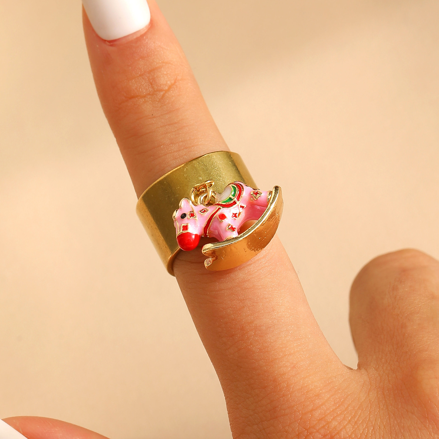 Cartoon enamel pony ornament zodiac pendant "Horse to Wealth" ring for women rocking carousel macaron color