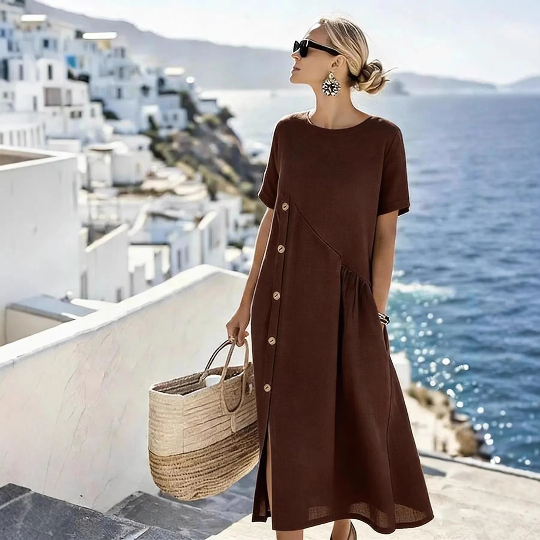 Round Neck Diagonal Button Side Slit Linen Midi Dress